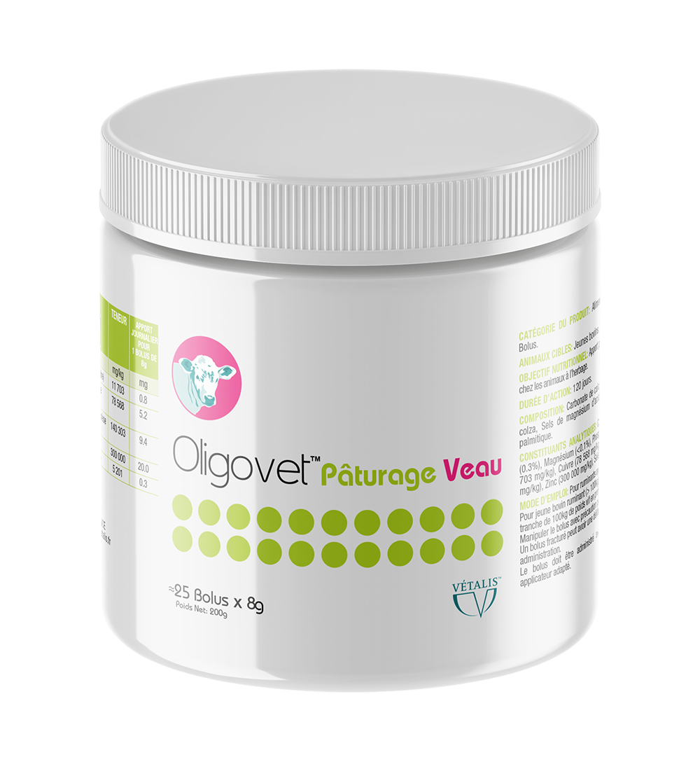 Pot de 25 bolus Oligovet Pâturage Veau Vétalis, complément minéral croissance mise à l'herbe.