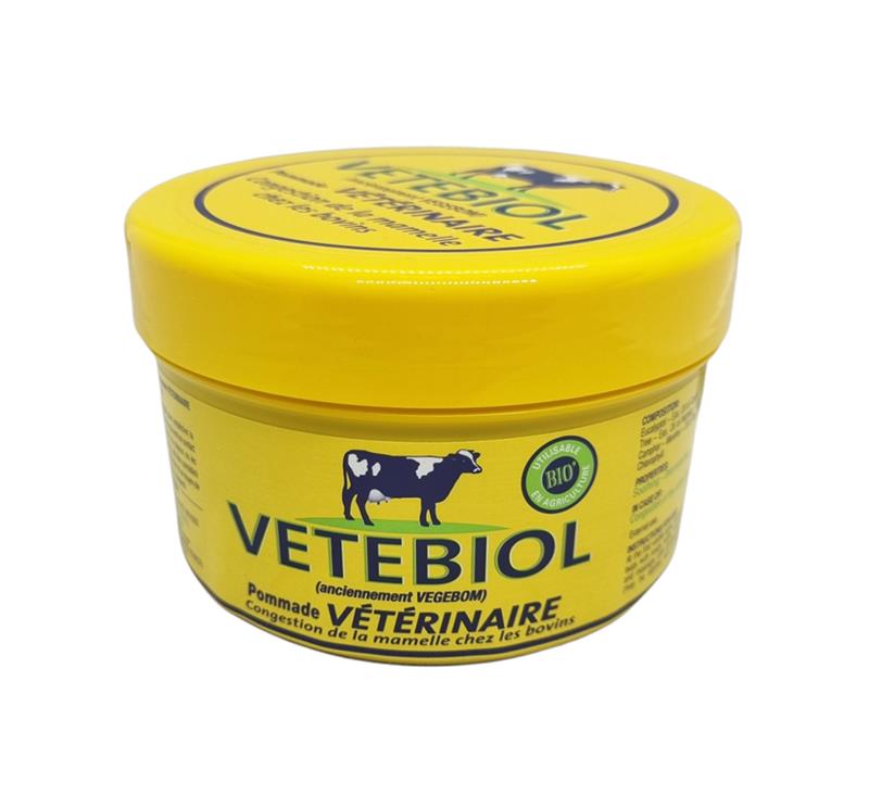 Pot de 400 g de pommade VETEBIOL pour le traitement de la congestion mammaire chez les bovins, certifié Agriculture Biologique.