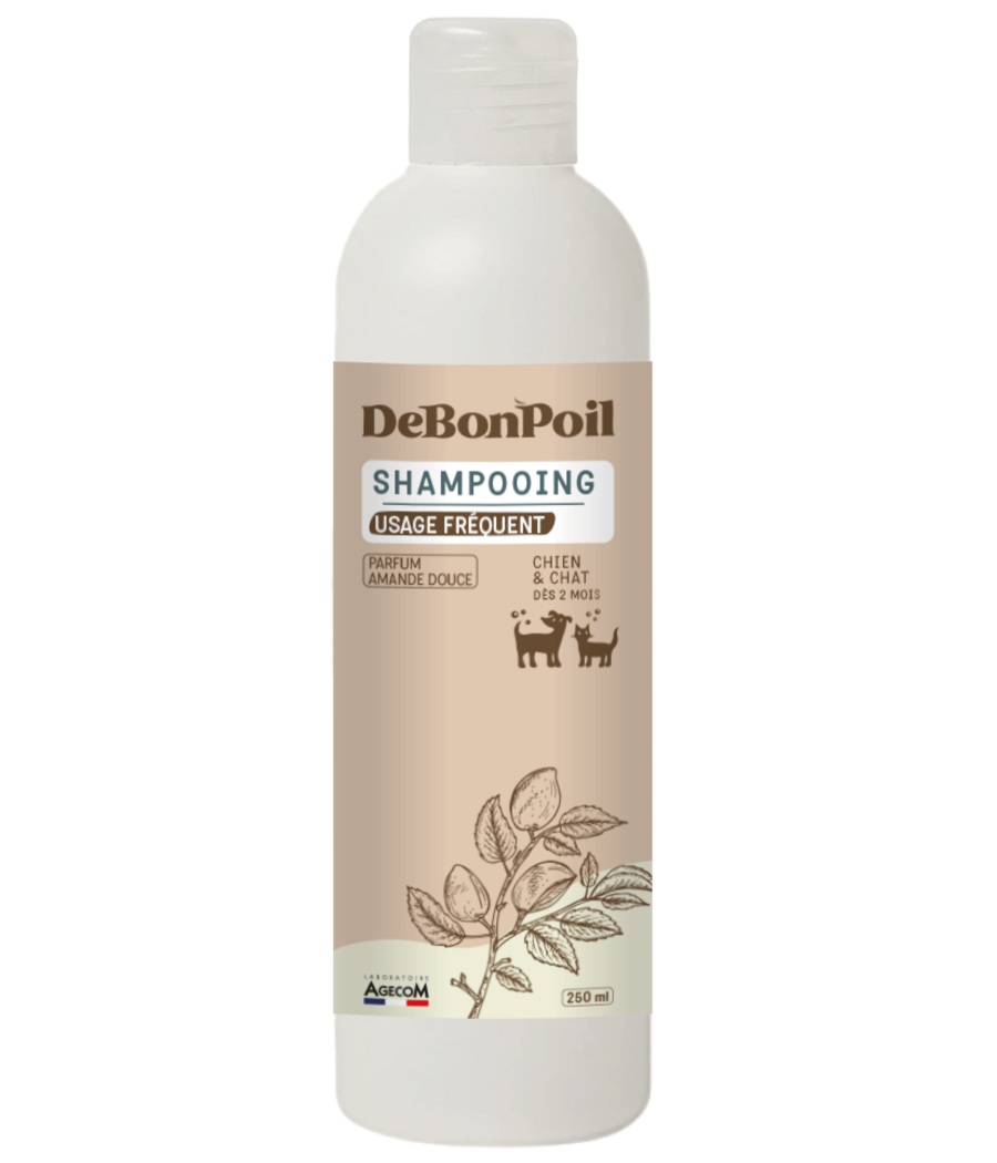 Flacon blanc de 250 ml de Shampooing Usage Fréquent DeBonPoil pour chien et chat parfum amande douce fabriqué en France.
