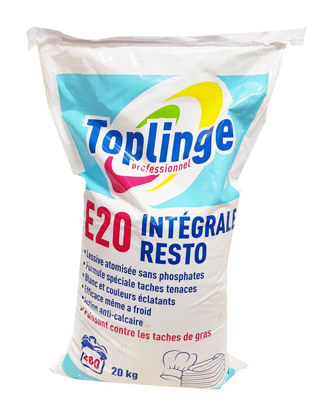 Sac 20kg Lessive Professionnelle atomisée E20 Toplinge Intégrale Resto pour taches de gras.