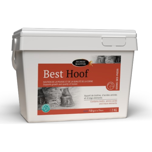 Seau blanc de 2 kg de granulés pour sabots Best Hoof Horse Master enrichis en biotine pour cheval.