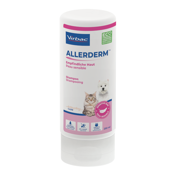 Allerderm Shampooing Peau Sensible 200 ml Virbac – shampooing apaisant pour chien et chat à peau réactive ou irritée.