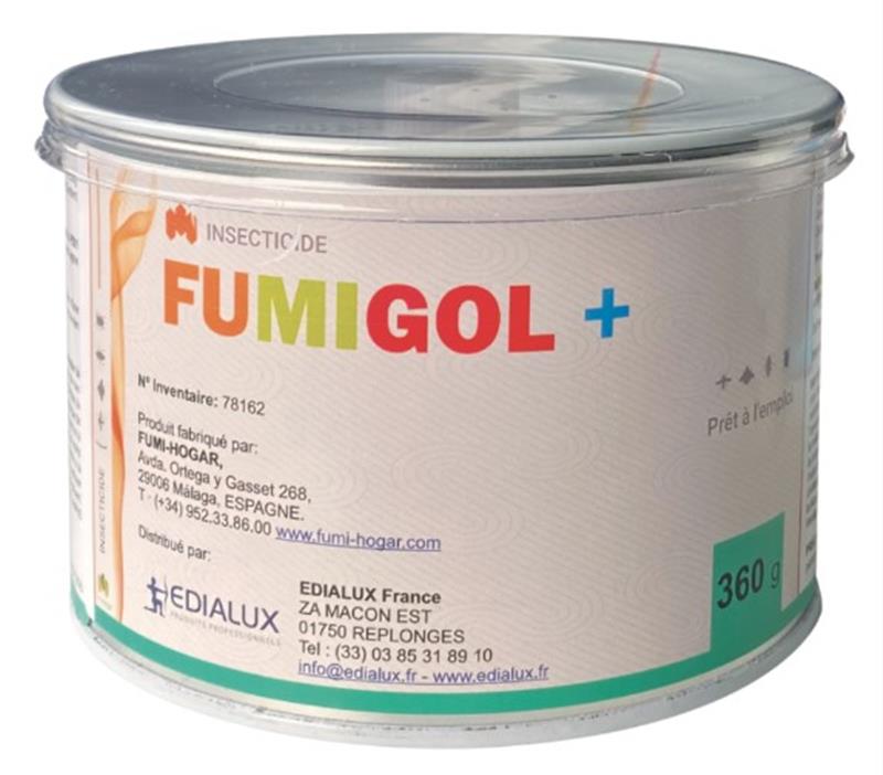 Fumigène insecticide Fumigol+ 360g en boîte métallique, prêt à l'emploi pour le traitement des insectes volants et rampants dans les grands locaux.