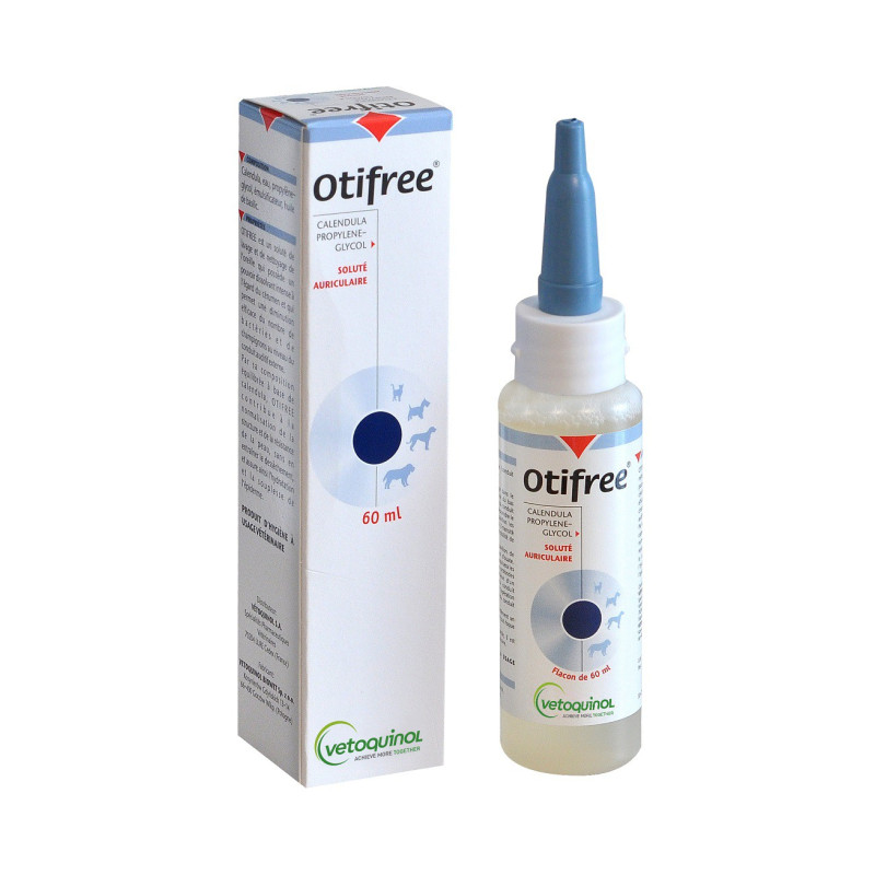 Flacon blanc de 60 ml de solution auriculaire Otifree Vetoquinol avec canule souple bleue à côté de sa boîte d'emballage blanche.