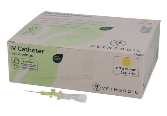 Boîte de 25 cathéters IV jaunes Vetnordic 24G avec petites ailes et chambre de reflux transparente pour usage vétérinaire.