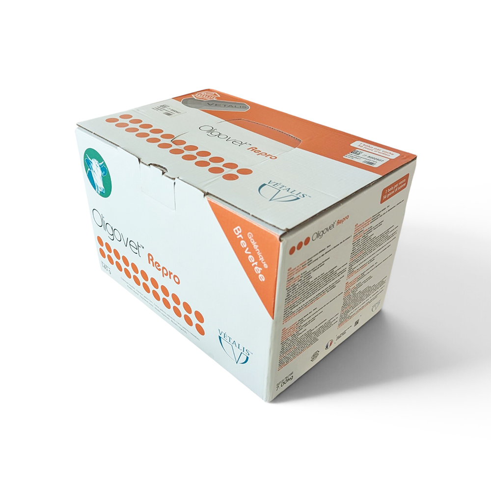 Boîte de 50 bolus Oligovet Reproduction Vétalis, complément minéral fertilité 56 jours pour vaches >400kg.
