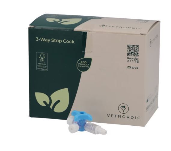 Boîte de 25 robinets 3 voies bleus Vetnordic pour perfusion vétérinaire avec connecteur mâle rotatif.