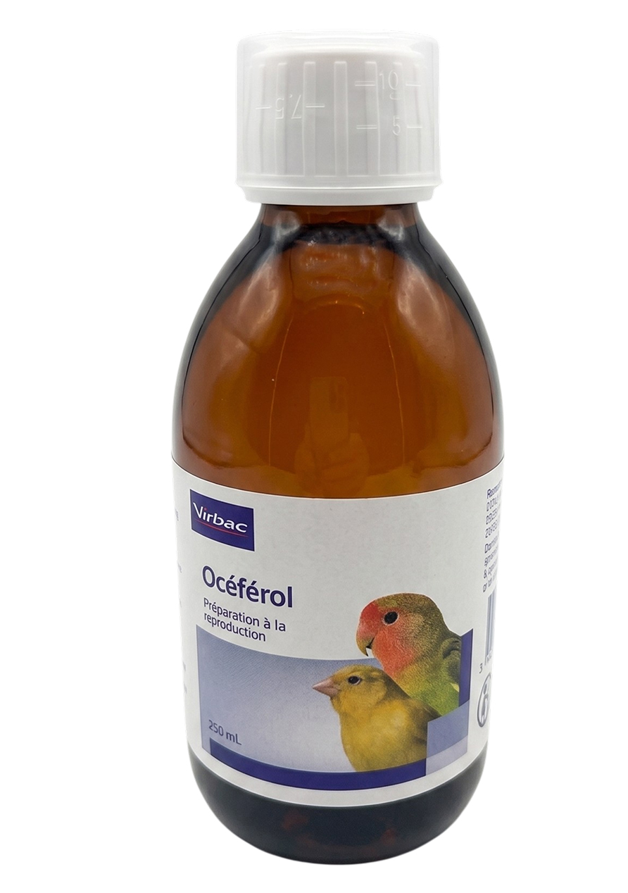 Flacon de 250 ml d'Océférol™ Virbac avec capuchon bleu, solution de préparation à la reproduction pour oiseaux illustrée par une perruche et un canari.