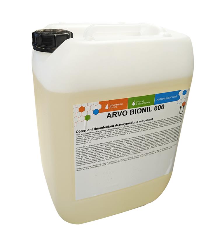 Bidon 21kg ARVO BIONIL 600 détergent désinfectant enzymatique moussant pour agroalimentaire.