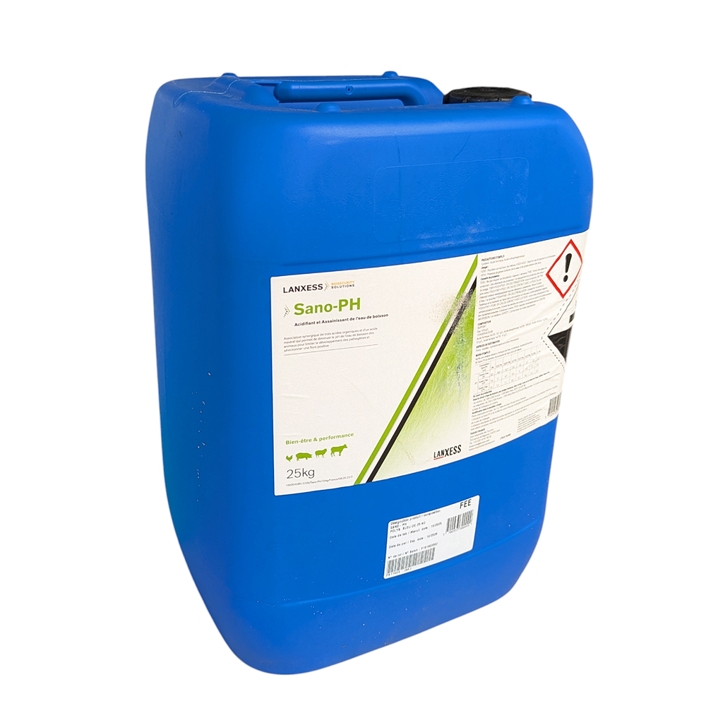 Bidon 25kg SANO-PH Lanxess acidifiant eau boisson synergie acides minéraux élevage porc volaille
