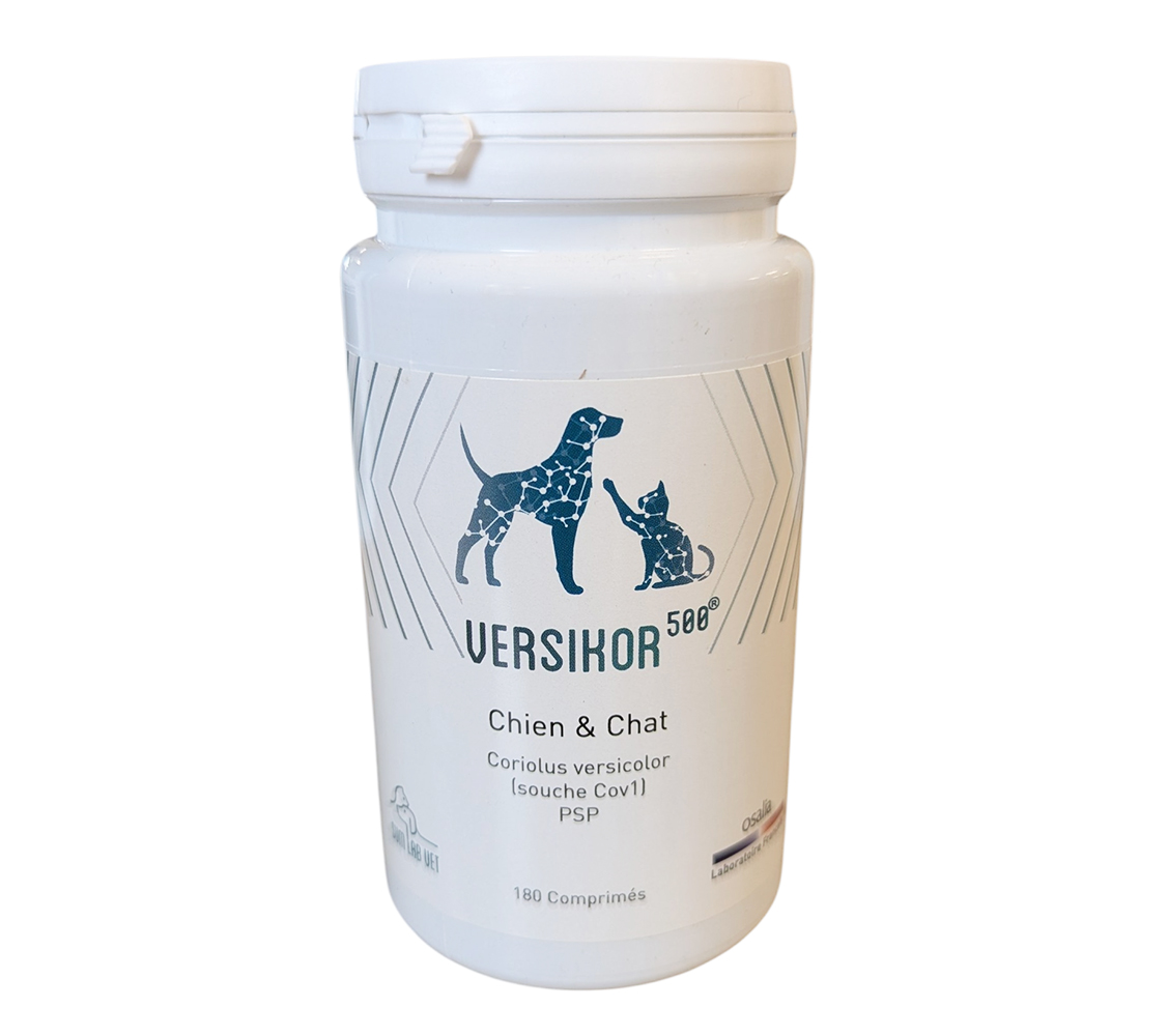 Pot de Versikor 500 Osalia 180 comprimés, complément immunitaire et cellulaire à base de Coriolus versicolor pour chiens et chats.