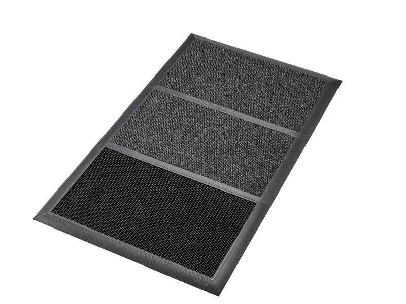 Kit de 3 tapis de sol industriels comprenant un bac de désinfection à picots en caoutchouc et deux tapis absorbants gris de séchage.