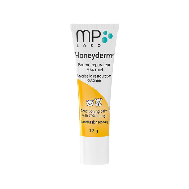 Tube Honeyderm MP Labo 50 ml, baume réparateur au miel pour chiens et chats, soin cutané naturel.