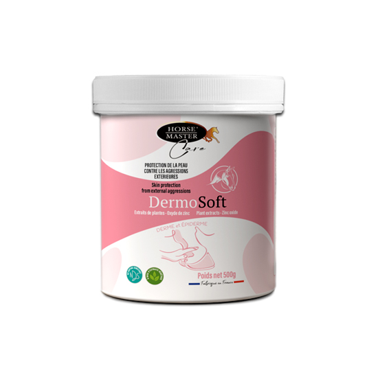 Pot de 500g de crème bleue protectrice et cicatrisante DermoSoft Horse Master Care contre les crevasses.