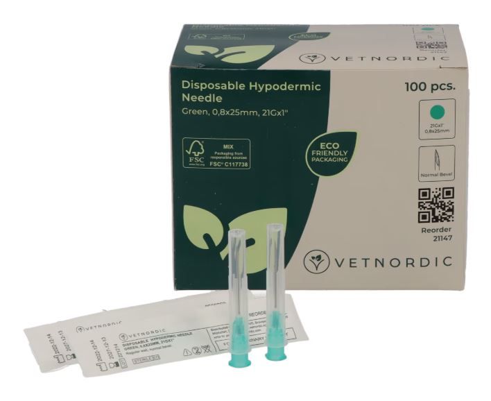 Boîte de 100 aiguilles hypodermiques VetNordic 21G Verte 25mm, pour chiens et chats.