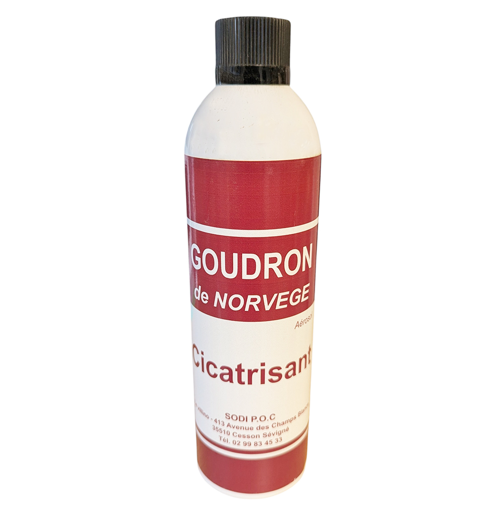 Aérosol de 650 ml de Goudron de Norvège cicatrisant et antiseptique pour le soin des arbres et des sabots des animaux.