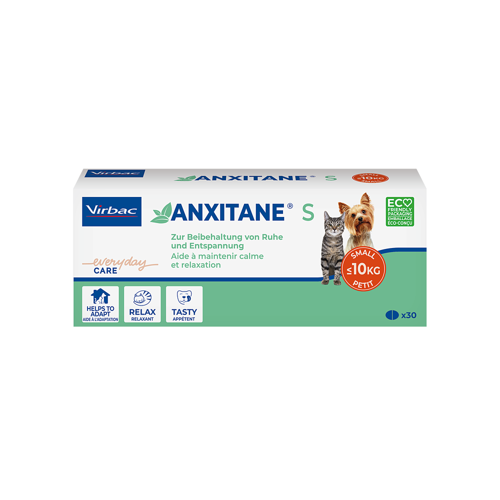 Anxitane S Virbac 30 comprimés – complément anti-stress naturel à base de L-théanine pour chiens et chats anxieux ou stressés.
