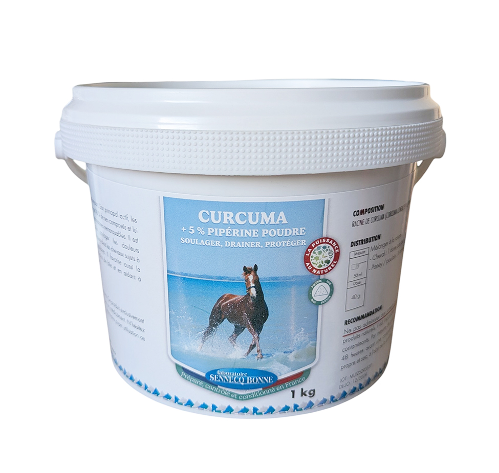 Seau blanc de Curcuma + Pipérine 5 % du Laboratoire Sennelco Bonne, poudre naturelle pour chevaux, soutenant la digestion, les articulations et la détoxification hépatique.
