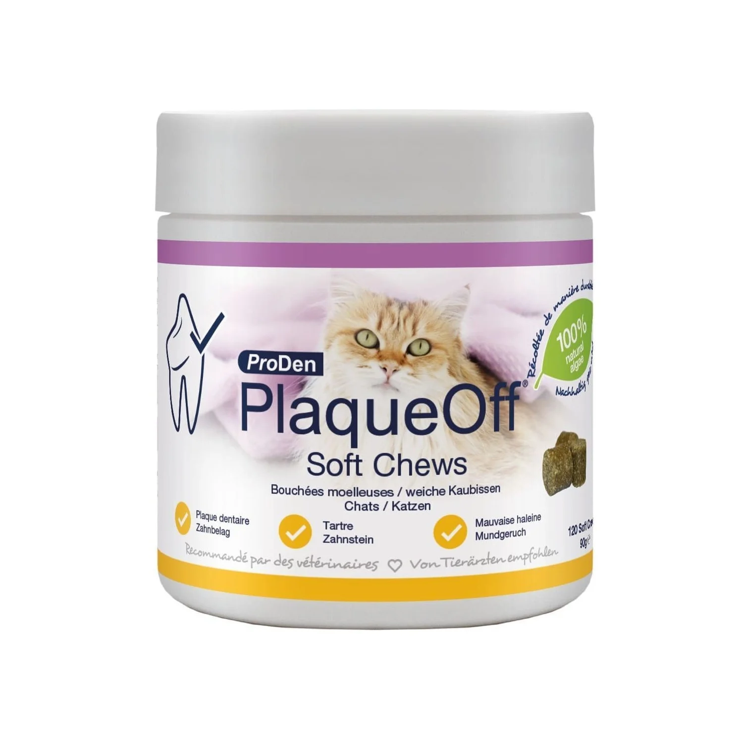 ProDen PlaqueOff Soft Chews chat 120 bouchées dentaires naturelles anti-plaque et haleine fraîche Swedencare