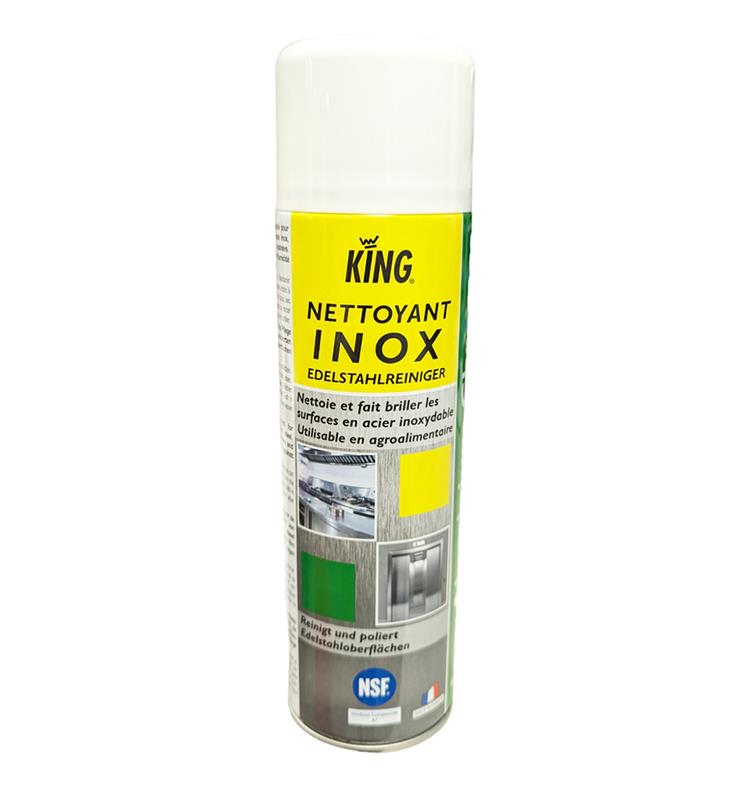Flacon aérosol jaune et vert de 500 ml de Nettoyant Inox King certifié NSF pour l'agroalimentaire