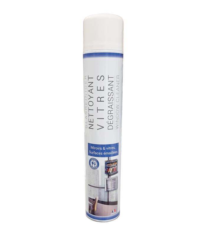 Grand flacon aérosol blanc et bleu de 750 ml de Nettoyant Dégraissant Vitres Puck pour miroirs, vitres et surfaces émaillées.