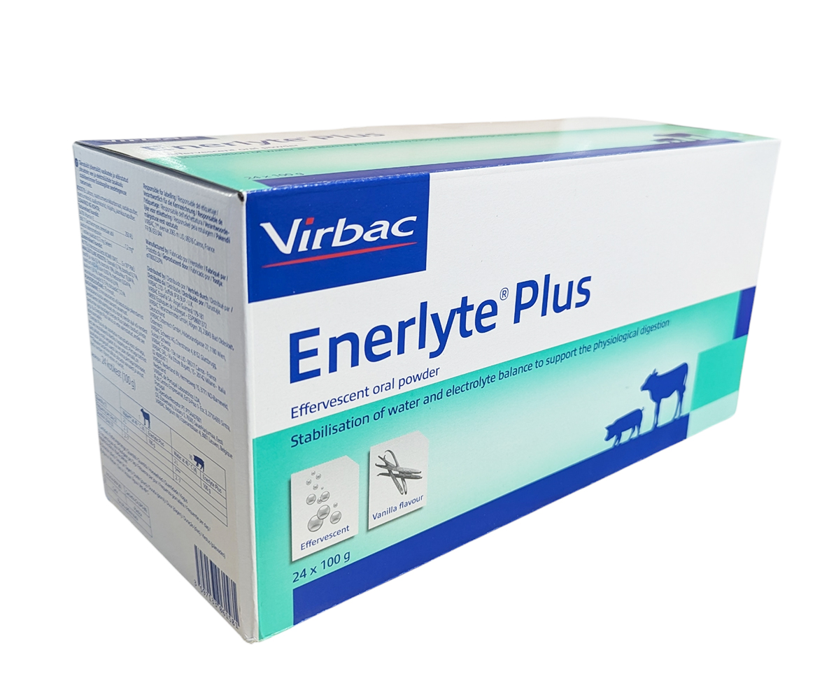 Boîte de 24 sachets d’Enerlyte Plus Virbac 100 g, poudre effervescente pour réhydratation et équilibre électrolytique des veaux et agneaux.