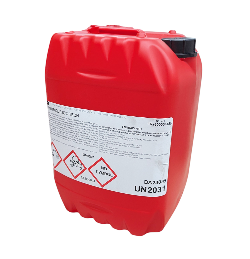 Bidon rouge de 27 kg d'Acide Nitrique 53% Tech Stockmeier France, régulateur de pH et engrais minéral NF U 42-005.