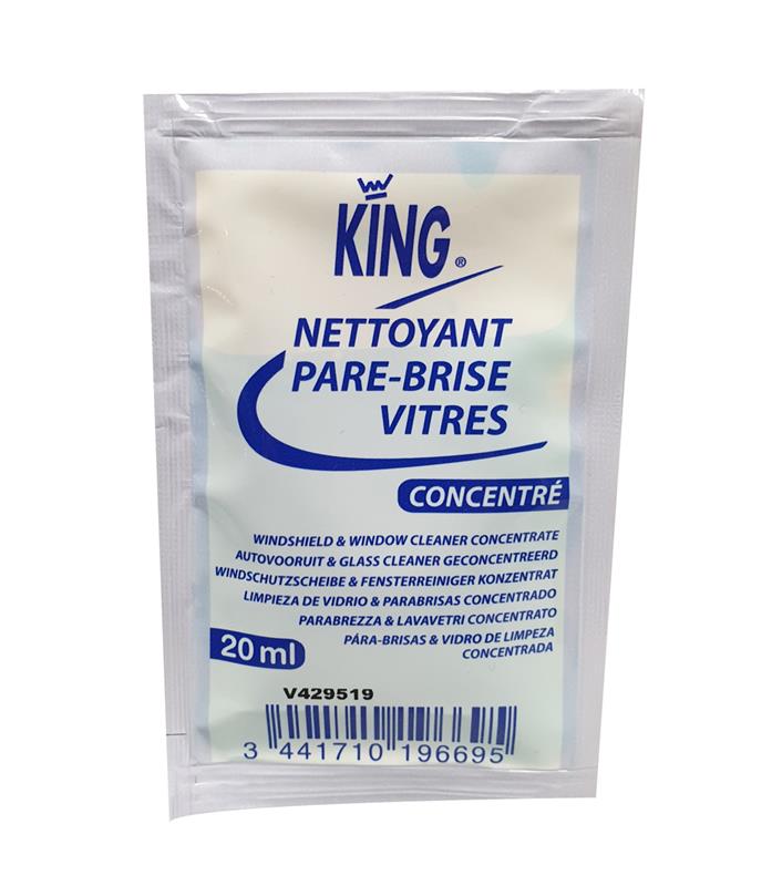 Dose concentrée nettoyant vitres pare-brise King 20ml anti-buée antistatique.