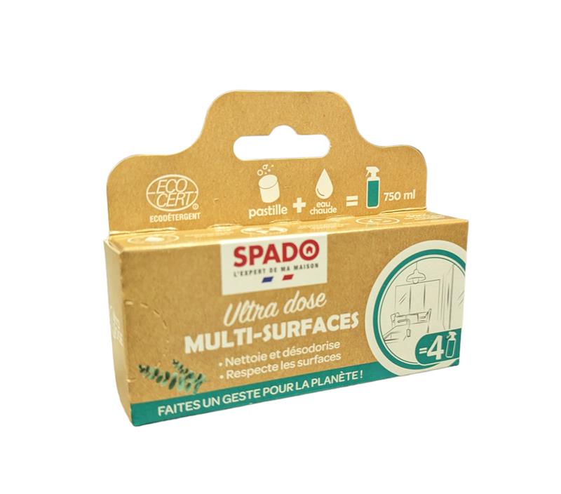 Boîte de 4 pastilles nettoyantes multi-surfaces SPADO Ultra Dose Écocert à l'eucalyptus.
