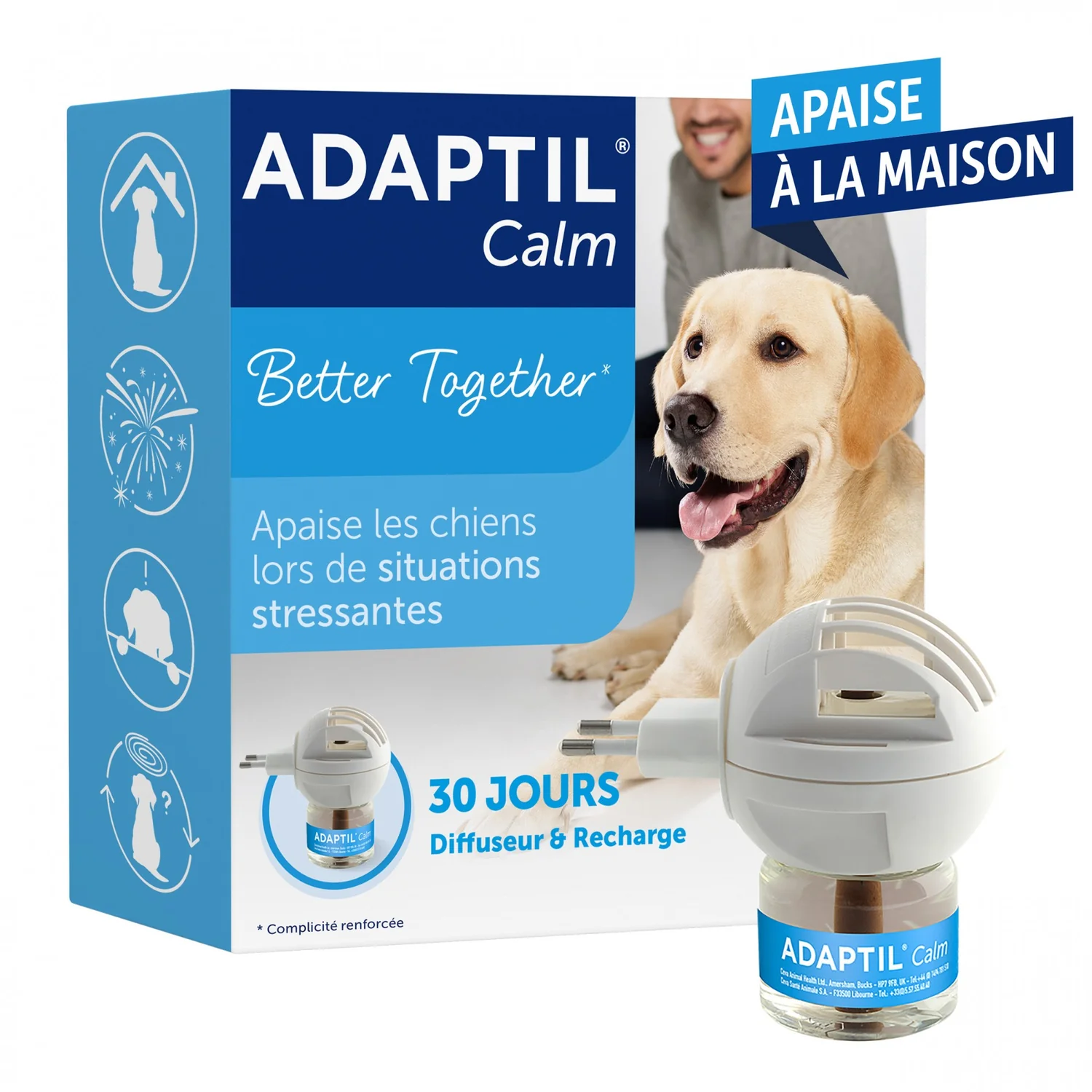 Kit complet boîte bleue de diffuseur électrique blanc avec sa recharge liquide Adaptil Calm pour l'anxiété du chien avec photo de Golden Retriever.