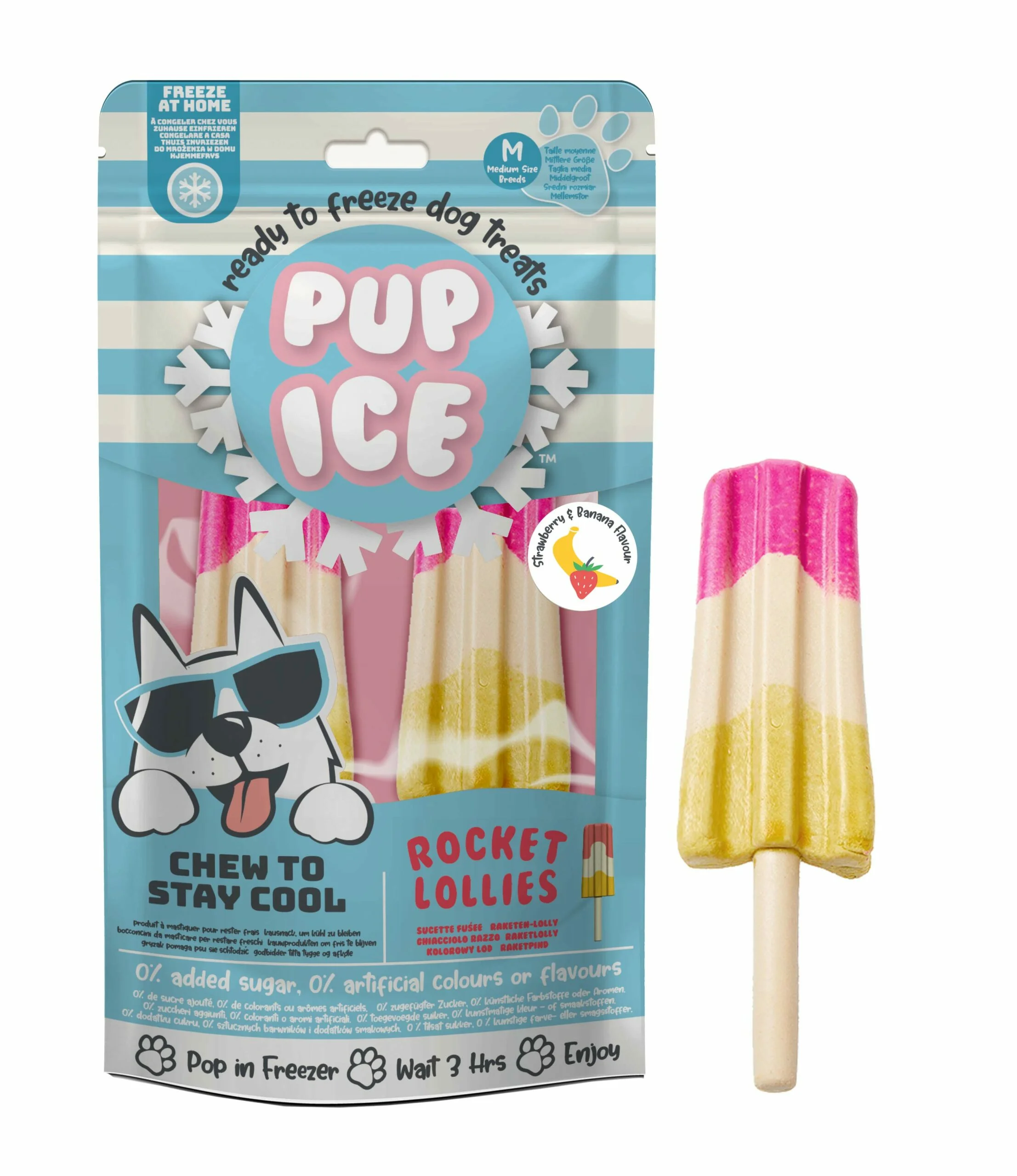 Sachet bleu ciel de 2 glaces fusées à la fraise et à la banane Pup Ice Rocket Lollies pour chien.
