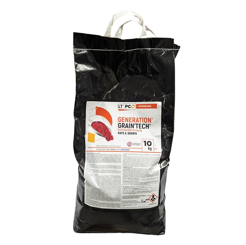 Sac de 10 kg de GENERATION GRAIN'TECH de LIPHATECH, blé de qualité supérieure pour la lutte contre les rats et les souris, fabriqué en France.