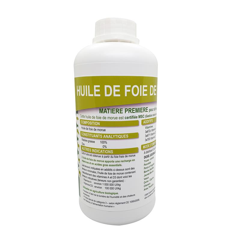 Bidon blanc de 1kg d'huile de foie de morue Difagri pour animaux, montrant les dosages par espèce et les certifications UAB et MSC.