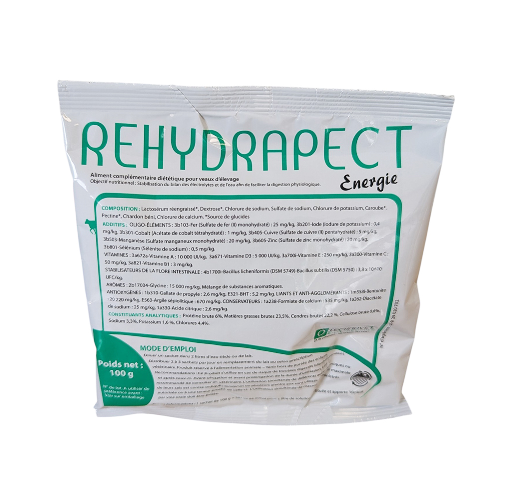 Boîte blanche ouverte présentant des sachets de REHYDRAPECT™ Énergie (100 g), solution de réhydratation pour veaux du laboratoire GreenVet.