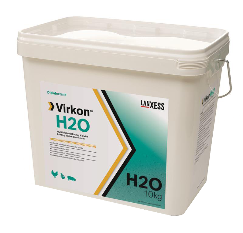 Seau de 10 kg de Virkon H2O Lanxess, désinfectant et acidifiant pour eau de boisson volailles et porcs.