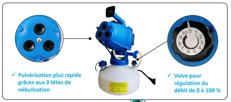 Nébuliseur électrique COMBATTOR bleu et blanc à 3 têtes pour désinfection ULV.
