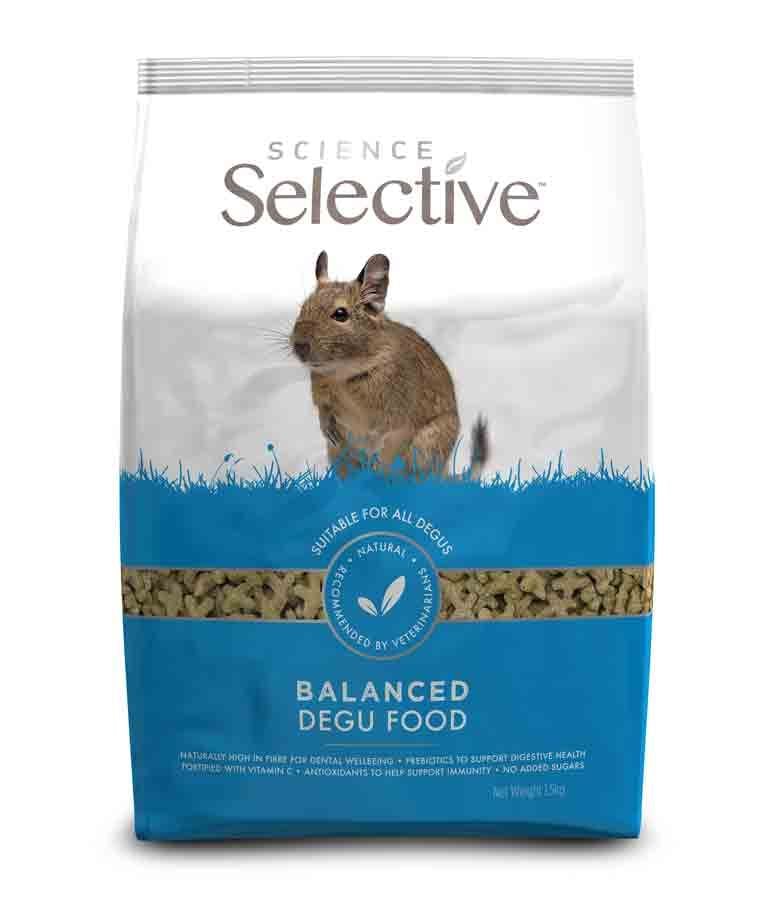 Sachet de 1,5 kg d'extrudés Supreme Science Selective Octodon Degu avec visuel d'octodon sur fond bleu.