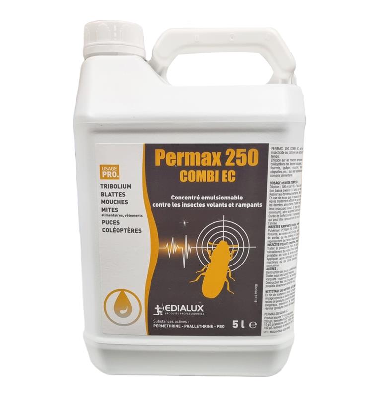 Bidon blanc de 5 litres de l'insecticide professionnel Permax 250 Combi EC d'Edialux pour le traitement des insectes rampants et volants.