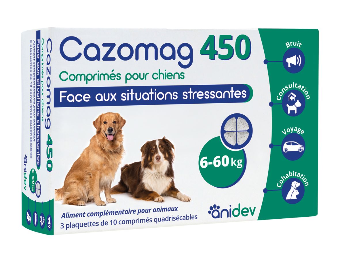 Cazomag 450 Anidev – 3x10 comprimés pour apaiser les chiens en situation de stress (6 à 60 kg).