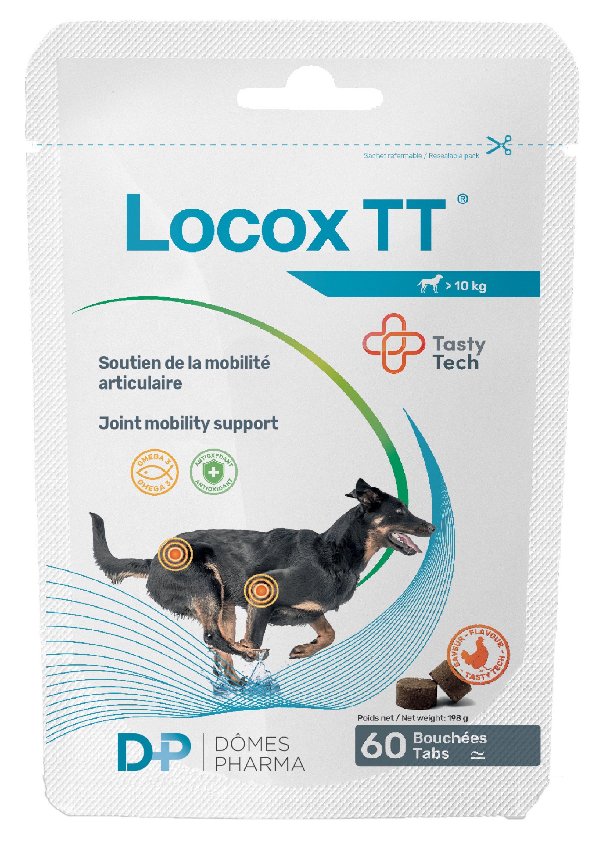 Sachet de Locox TT TVM 60 bouchées pour chiens, illustrant un chien en mouvement avec repères articulaires et bouchées appétentes pour le soutien de la mobilité.