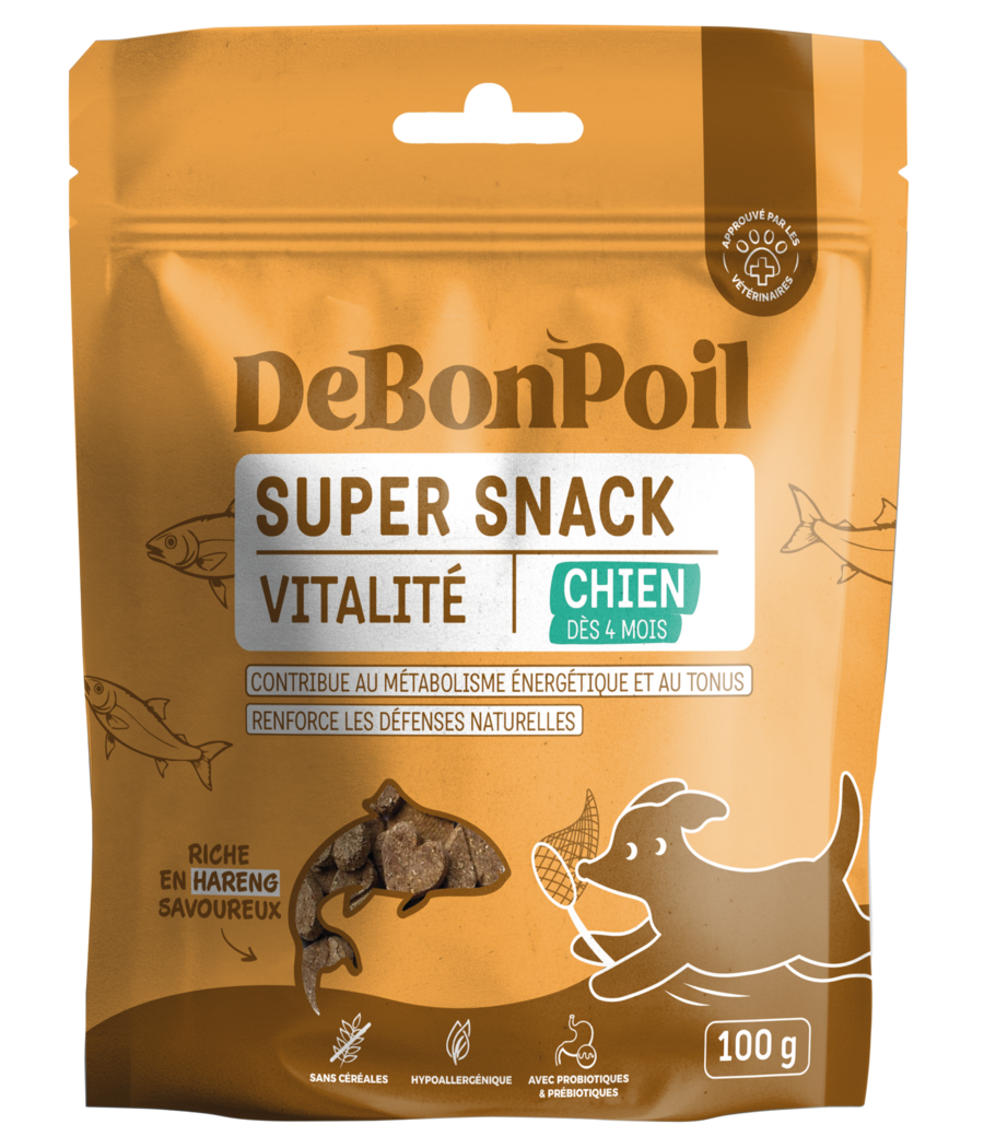 Sachet jaune de 100g DeBonPoil Super Snack Vitalité au hareng pour chien, favorisant le métabolisme énergétique et les défenses naturelles.