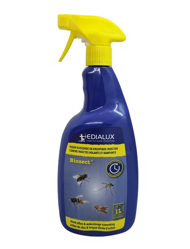 Flacon pulvérisateur de 1L d'insecticide Biosect Edialux, solution bleue pour la lutte contre les insectes volants et rampants.