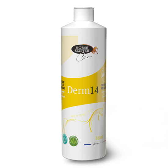 Flacon blanc de 500 ml de gel dermo-protecteur Derm 14 Horse Master pour soulager les démangeaisons et la dermite du cheval.