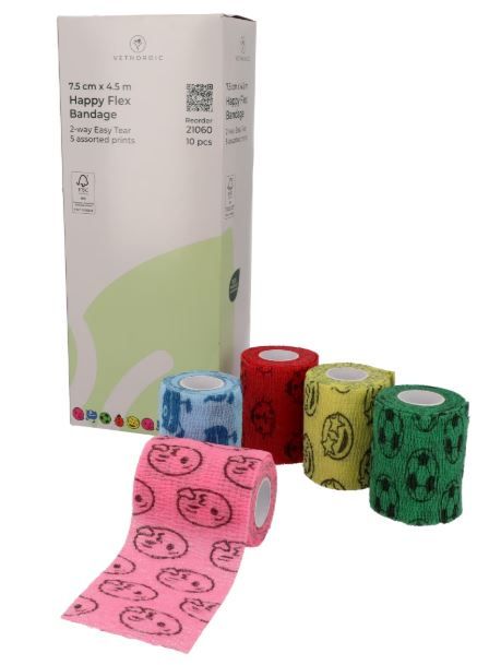 Bande cohésive large Happy Flex VetNordic 7,5cm motifs smileys chien moyen.