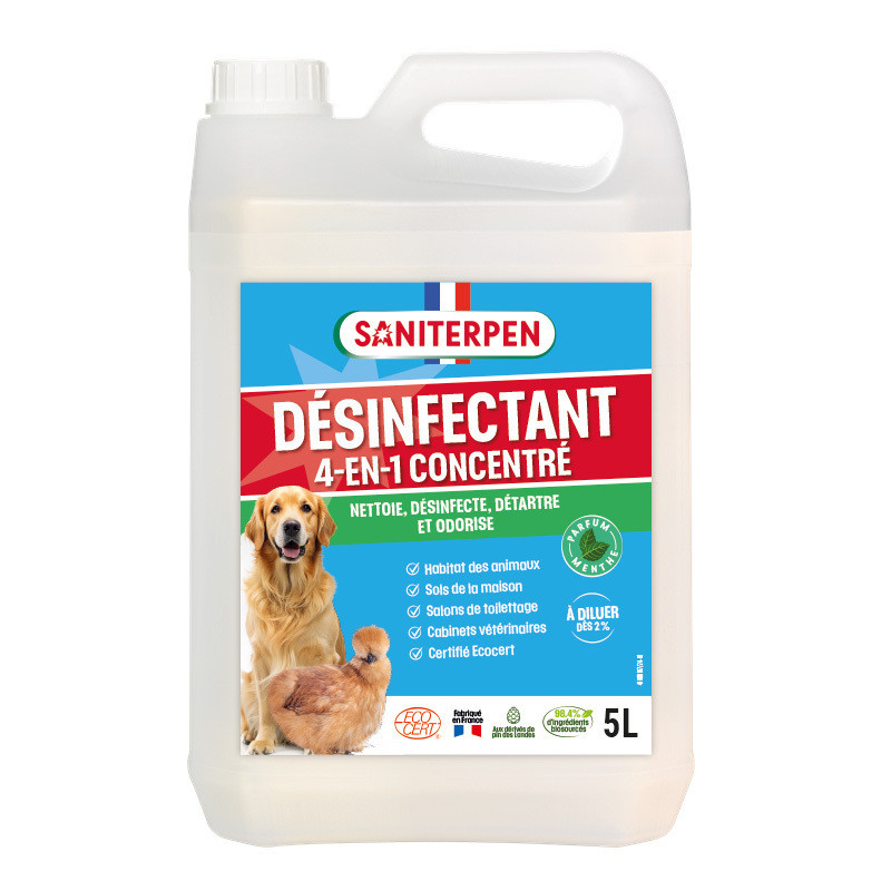 Grand bidon de 5 Litres de Saniterpen Désinfectant 4 en 1 concentré Écocert au parfum de menthe pour élevages, chenils et poulaillers.