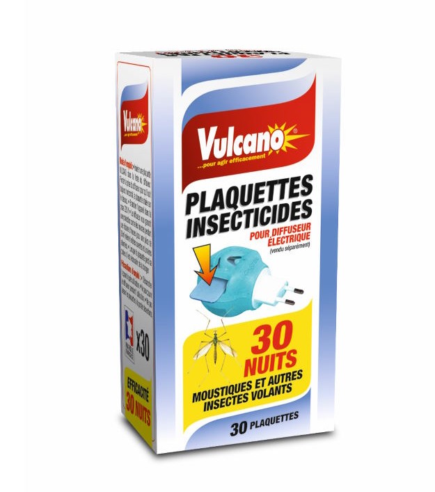 Boîte de 30 plaquettes insecticides Vulcano pour diffuseur électrique, efficacité 30 nuits contre les moustiques et volants.