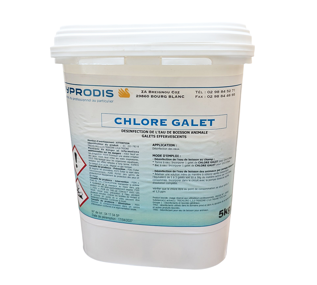 Seau de 5 kg de galets effervescents Chlore Galet pour la désinfection de l'eau de boisson animale, Hyprodis.