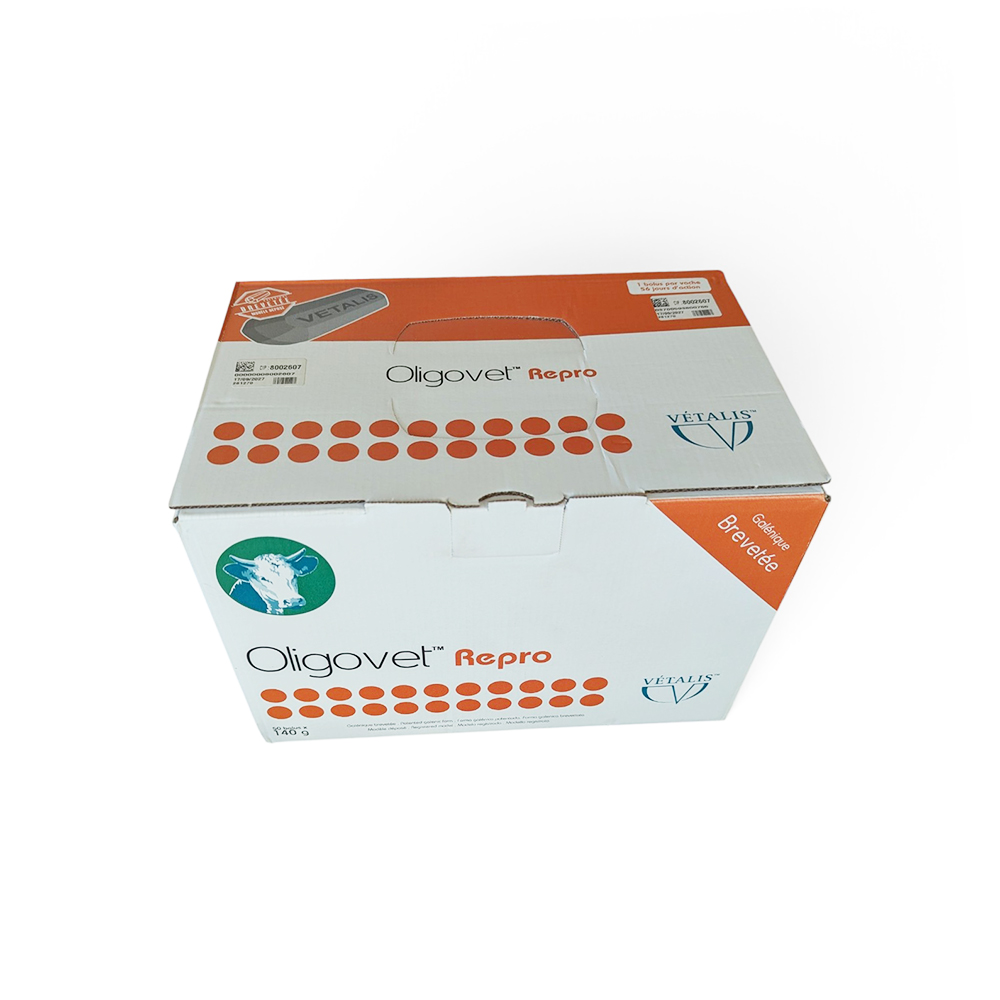 Boîte de 50 bolus Oligovet Reproduction Vétalis, complément minéral fertilité 56 jours pour vaches >400kg.