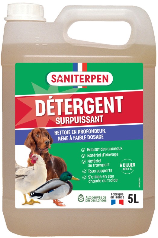 Grand bidon blanc de 5 Litres de Saniterpen Détergent Surpuissant concentré pour le nettoyage et le dégraissage des poulaillers, chenils et vans.