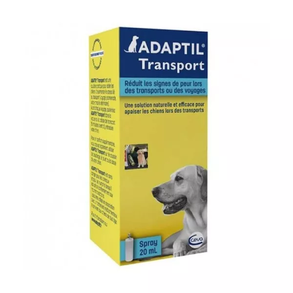 Boîte jaune et bleue d'ADAPTIL Transport Spray de 20 ml, illustrée par une tête de chien Labrador, pour réduire les signes de peur lors des voyages.